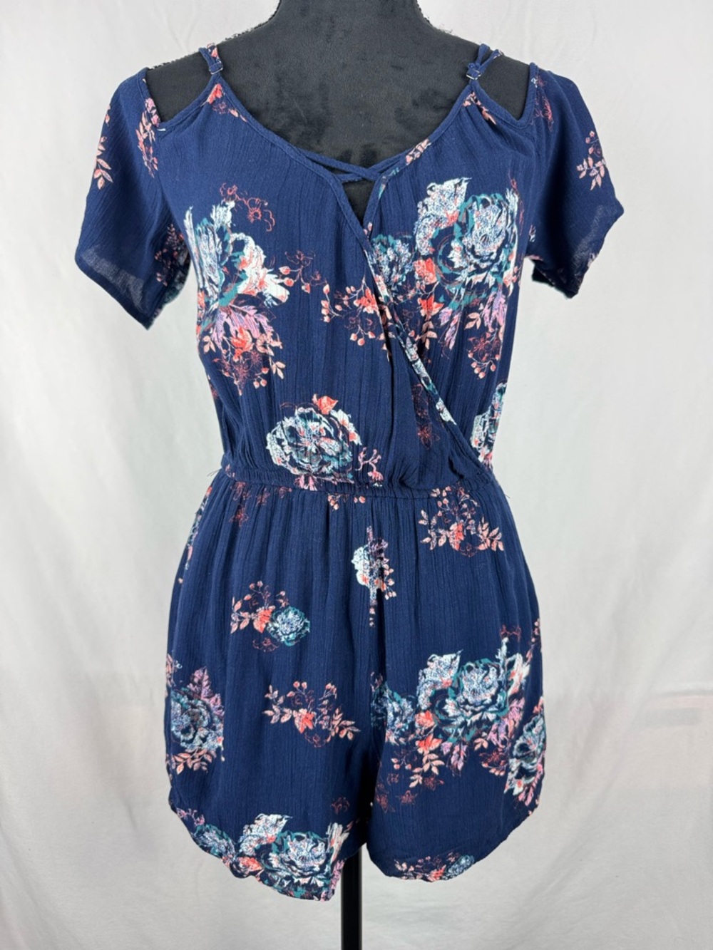 Mudd Navy Blue Floral Cold-Shoulder Romper